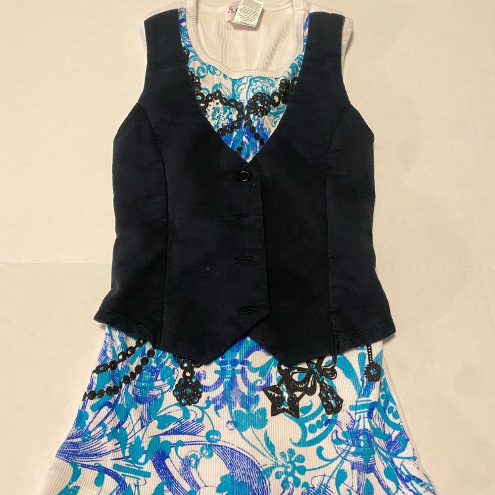 Floral Blue and Black Kids Tank Top